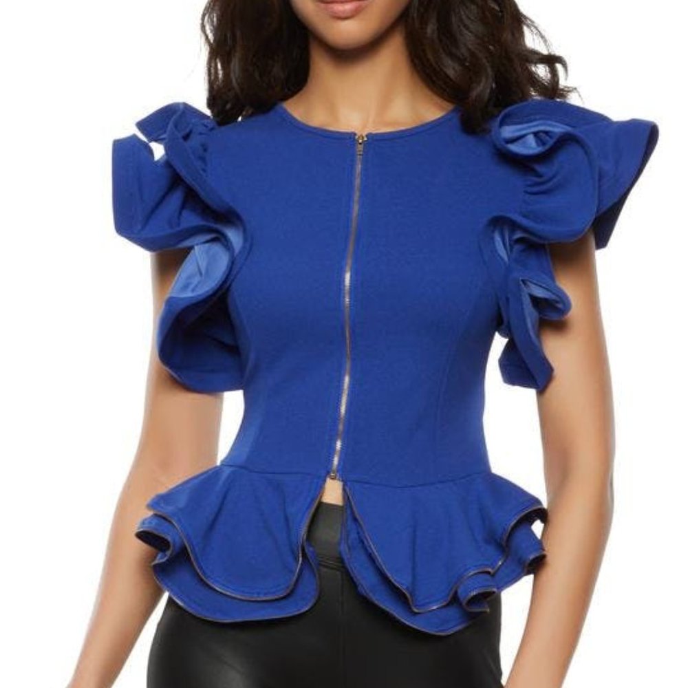 Zipper Detail Ruffled Peplum Top